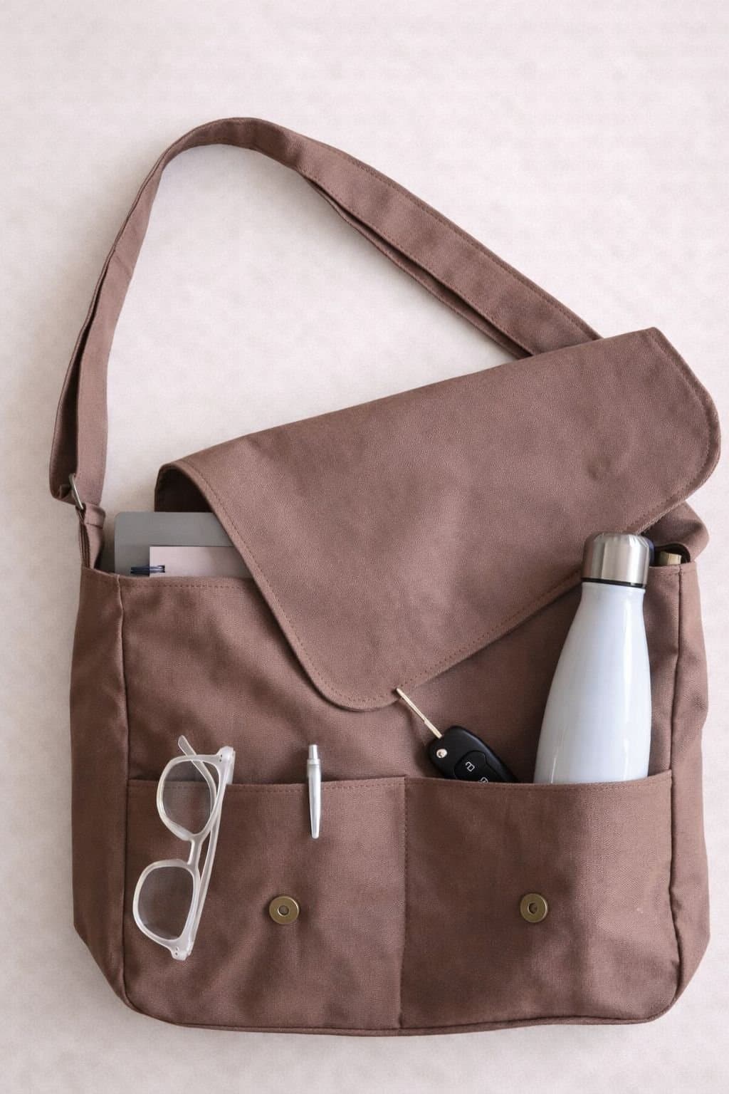 Morral Marrón V1 abierto, con una botella, anteojos y lapiceras en los bolsillos